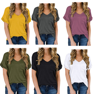 Camiseta Casual de Mujer con Cuello en V y Bolsillo, Holgada, de Manga Corta, Lisa, con Logotipo Personalizado, Top de Mezcla de Algodón Suave - Product Image 6