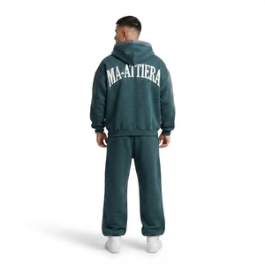 Conjunto de Sudadera con Capucha Verde Oscuro Personalizada con Cierre y Pantalones Deportivos Anchos, Chándal Gráfico Extra Grande para Hombre - Product Image 2