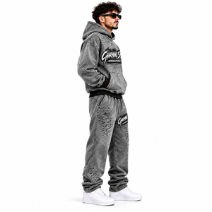 Custom Pattern Boxy <b>Thermal</b> Streetwear Hoodie Rhinestone Acid Wash Unisex Vintage Zip Track Suit 100% Cotton High Quality Set - Product Image 4