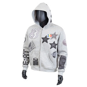 Men's Gray Hooded Zip-Up Sweatshirt Streetwear Style Printed Stars And Logo Design Regular Fit French Terry Cotton Autumn Wear - Product Image 1