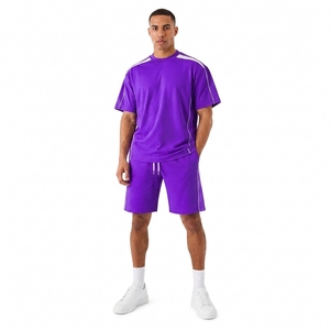<b>Men's</b> Purple Crew Neck Knitted <b>T</b>-<b>Shirt</b> Set Solid Color Sporty Summer Wear Quick Dry Polyester Cotton <b>Shorts</b> - Product Image 1