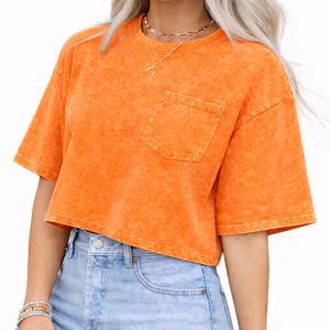 เสื้อยืดผู้หญิงผ้าฝ้ายเฟรนช์เทอร์รี่แบบลำลอง ตกแต่งด้วยลูกปัดและโลโก้แบบสั่งทำพิเศษ ผลิตโดย OEM ผ่านกระบวนการ Acid Wash พร้อมกระเป๋าเสื้อ หนานุ่ม คุณภาพดี - Product Image 5