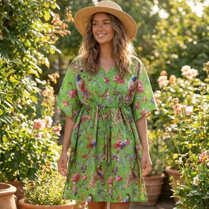 Vestido Kaftán de Algodón Hecho a Mano con Estampado de Aves, Ligero, Maxi, para Verano - Product Image 1