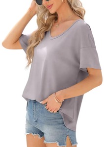 Camisetas de Cuello en V para Mujer, al por Mayor, Personalizadas, Lisas, de Manga Corta, Casuales de Verano, de Algodón Transpirable, de Corte Holgado - Product Image 2