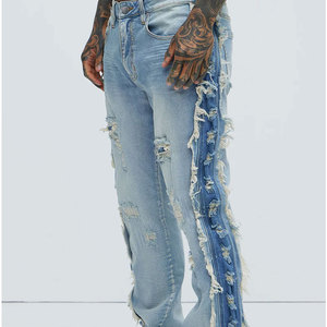 Custom Men's Denim <b>Trousers</b> Hip Hop Cotton Regular Fit Straight Leg Screen Printed <b>Light</b> Wash Knitted Vintage Pants - Product Image 1