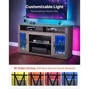 Mobile TV in Stile Rustico per Televisori fino a 65 Pollici, Centro Intrattenimento in Legno con Striscia LED, Vano Portaoggetti e Anta in Vetro - Product Image 4