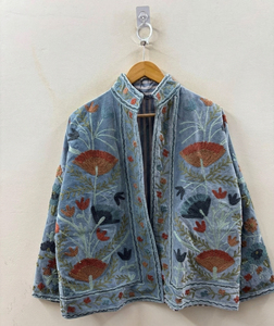 Slate Blue Cotton Embroidered Floral <b>Jacket</b> <b>Women</b> Mandarin Collar Boho Chic Short Coat Handmade Traditional Indian Outerwear - Product Image 2