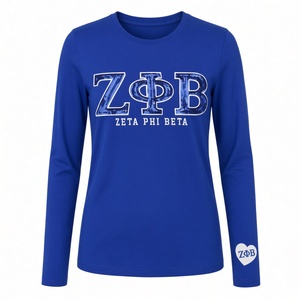 เสื้อยืดแขนยาว Zeta Phi Beta 1920 สำหรับผู้หญิง สีน้ำเงินรอยัล คอปกสีขาว ปักลายสัญลักษณ์ชมรม คอกลม - Product Image 1
