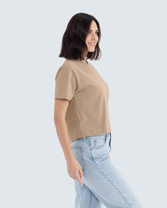Camiseta Corta de Cuello Redondo para Mujer, Color Beige, Corte Holgado, Color Sólido, Informal, 100% Algodón Jersey, para Todas las Temporadas - Product Image 2