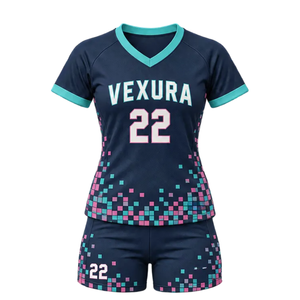 Ensemble d'uniformes de football par sublimation pour femmes, maillot à col en V et manches courtes, short assorti, kit d'équipe personnalisé pour entraînements et matchs 100% - Product Image 1