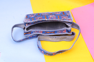 Hand Block Print <b>Quilted</b> Cotton Crossbody Bag Indian Floral Sling Purse with Striped Trim - Product Image 3