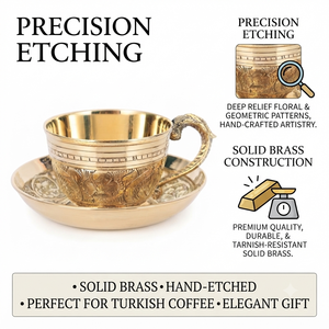 Juego de Taza y Platillo de Té de Latón Indio Tradicional, Taza de Café Vintage Grabada con Asa Ornamentada, Vajilla de Hotel, Juego de Regalo para Bebidas - Product Image 2