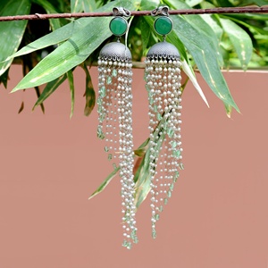 New Arrival <b>Long</b> Jhumka Chandelier Style Oxidized Indian <b>Silver</b> Geometric Ethnic Design Brass <b>Earrings</b> Wedding Engagement - Product Image 2