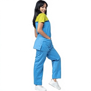 Women Blue <b>Scrub</b> <b>Set</b> with Yellow Accent Hospital Uniform Pants Cotton Polyester Knitted Fabric Needle Detection Seamless Fusing - Product Image 1