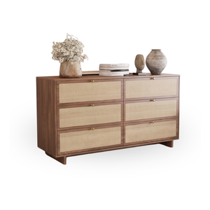 Modern Minimalist Solid Teak Wood <b>6</b>-<b>Drawer</b> Dresser with Rope Pull Handles Freestanding Eco-Friendly Design for Bedroom Storage - Product Image 1