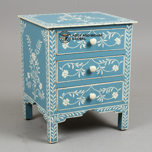 Mesa de Noche Moderna Ecológica Hecha a Mano con Incrustaciones de Hueso Azul y Florales, con 2 Cajones, para Decoración de Dormitorios de Lujo - Product Image 1