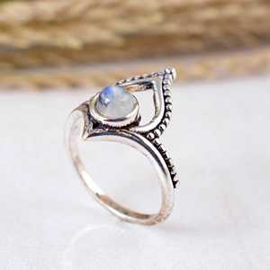SHYAM JEWELRS Handcrafted Blue Rainbow Moonstone Tiara <b>Ring</b> Solid 925 Silver Pointed Chevron <b>Statement</b> <b>Ring</b> Antiqued Oxidized - Product Image 4
