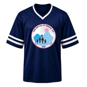 Camiseta Deportiva Azul Marino con Escudo Bordado de Jack & Jill, Cuello en V, Manga Corta, Franja Blanca, Uniforme Personalizado para Equipo Atlético - Product Image 1