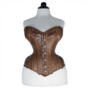 Women Leather Tan Light Brown Over Bust <b>Corset</b> Front Steel Busk Closure With Metal Hook-and-Eye Design <b>Shapewear</b> Steel Boned - Product Image 1