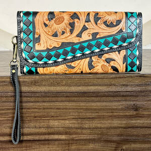 Western Checkered Handcrafted Tooled Floral <b>Leather</b> Women Clutches Luxury Credit Card Holder <b>Purse</b> Multi Use For <b>Ladies</b> - Product Image 3