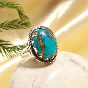 Oval Blue Copper Turquoise Gemstone Bezel Setting <b>925</b> Sterling <b>Silver</b> Classic <b>Silver</b> Plated <b>Ring</b> Wedding Gift Party Unisex - Product Image 1