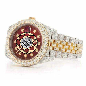 Reloj de Lujo para Hombre con Diamantes Moissanite, Esfera Roja Totalmente Adornada, Correa de Acero Inoxidable Bicolor, Cuarzo, 46mm - Product Image 5