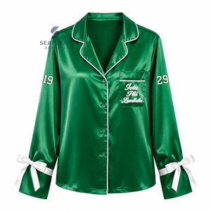 Iota Phi Lambda Women's Satin Pajama <b>Set</b> Long Sleeve Button-Up Embroidered Two <b>Piece</b> Sleepwear Green With <b>White</b> Trim Lounge <b>Set</b> - Product Image 2