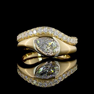 Custom IGI Certified 1 Ct Pear cut <b>ring</b> Teardrop Diamond <b>Ring</b> Unique <b>Thick</b> Yellow Gold Bezel Setting with Matching Pave Band - Product Image 1