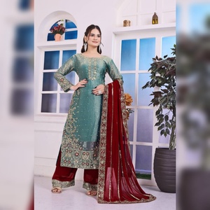 Présentation de la nouvelle collection spéciale Eid, design fantaisie, broderie lourde, travail de paillettes, salwar kameez traditionnel - palazzo, faux georgette lourd, motif - Product Image 1