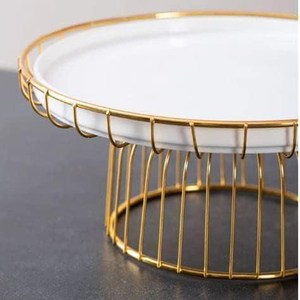 Support à gâteau rond en métal avec dessus blanc et base en fil doré, support décoratif pour cupcakes et desserts, support à gâteau d'anniversaire - Product Image 2
