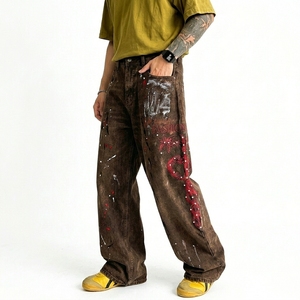Jean droit ample à jambe large pour homme, style américain, en denim, orné de strass, imprimé graphique tie-dye, coupe décontractée, style urbain - Product Image 4