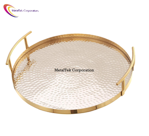 Round Hammered <b>Gold</b> Plated <b>Serving</b> <b>Tray</b> With Handles Home Table Decor Luxury Breakfast Platter Wholesale Low Price Gift <b>Trays</b> - Product Image 5