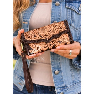 Best Selling Hand <b>Tooled</b> <b>Leather</b> Wallet with Wrist Strap Luxury Design Ladies Long Clutch Organizer Card Holder Western Purses - Product Image 1
