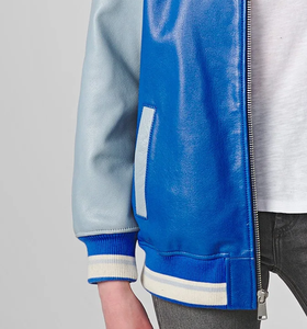 Custom Size Winter Canvas Varsity Jacket Covered Button Customized Leather-Style Body Blue Grey Sleeves Nonwoven Weaving - Product Image 2