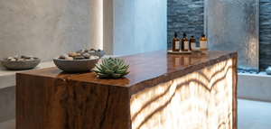 Comptoir de réception contemporain en bois et onyx rétroéclairé sur mesure de luxe pour hall d'hôtel, bureau, salon, centre commercial - Product Image 5