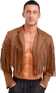 High Quality <b>Brown</b> Genuine <b>Leather</b> Fringe <b>Jacket</b> for <b>Men</b> Vintage Western Cowboy Tassel Coat Open Front Outerwear Regular Sleeve - Product Image 4