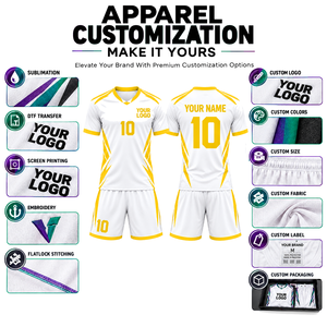 Uniforme de Fútbol Personalizado, Camiseta Blanca y Amarilla con Cuello en V, Manga Corta, Impresión Sublimada, Transpirable, Unisex, para Adultos - Product Image 5