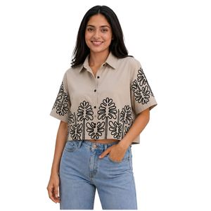 Beige Women Cropped Button Shirt Black Floral Embroidery Short Sleeve Casual Summer Blouse Cotton Fashion Designer <b>Top</b> Custom - Product Image 1