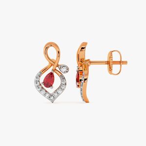 Boucles d'oreilles clous en or rose avec diamant de laboratoire et rubis, motif floral en forme de poire - Product Image 3