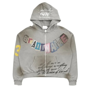 Oversized Crop Zip-Up <b>Hoodie</b> With Brand Name Print And Front Pocket Streetwear Men Hooded Sweatshirt <b>American</b> Fashion USA Style - Product Image 1