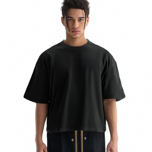 เสื้อยืดคอกลมแขนสั้นทรงโอเวอร์ไซส์สำหรับผู้ชาย ผ้าคอตตอนเจอร์ซีย์สีพื้น ดีไซน์เรียบง่าย สวมใส่สบาย ความยาวปกติ - Product Image 3