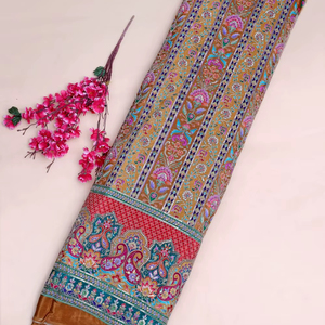 Tela con estampado floral de rayas color camel y borde ornamental para diseño de kurti, material para vestido, tela para ropa étnica. - Product Image 1