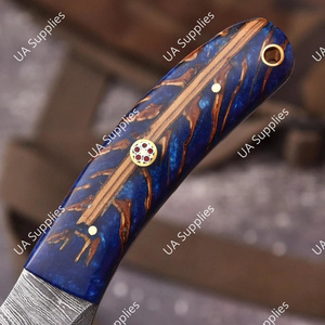 Cuchillo de caza y camping de hoja fija de acero de Damasco hecho a mano con mango de resina exótica de piña, DIY ODM, funda de cuero universal para transporte - Product Image 3