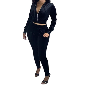 Women's Beige Velvet Hooded Tracksuit Set Full Sleeve <b>Zipper</b> Front Crop <b>Top</b> With Side Pockets Skinny Fit Sweatpants Autumn Wear - Product Image 5