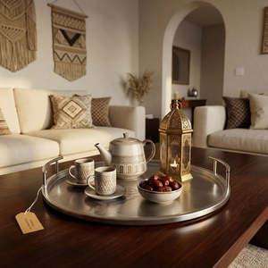 Plateau de service de luxe de style contemporain fini beige avec poignées, collection classique Ramadan et Aïd pour l'hôtellerie et le Majlis - Product Image 5