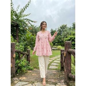 <b>TOP</b> AND PENT SET COTTON WITH HEART WMBROIDDERY WORK WITH FULL SLEEVE FULLY STITCHED V NECK <b>LINEN</b> COTTON - Product Image 1
