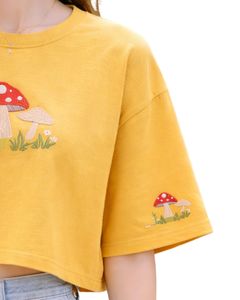 เสื้อยืดครอปสีเหลืองมัสตาร์ดสำหรับผู้หญิง ปักลายเห็ด แขนสั้น สไตล์ลำลอง แฟชั่น ผ้าคอตตอนผสม เนื้อนุ่ม เสื้อผู้หญิงสำหรับฤดูร้อน ขายส่ง - Product Image 3