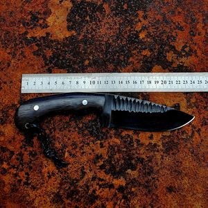 Couteau de chasse et de camping EDC forgé à la main, en acier inoxydable, finition noire, lame fixe, dos texturé, manche en bois, compact, pour l'extérieur - Product Image 3