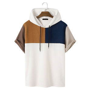 เสื้อยืดฮู้ดดี้สีบล็อค ผ้าคอตตอนออร์แกนิคนุ่ม แห้งเร็ว สไตล์สตรีทแวร์สำหรับผู้ชาย เสื้อยืดฤดูร้อน - Product Image 1