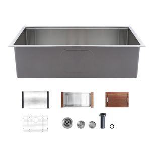 Lavello da cucina sottopiano a vasca singola da 33 pollici in acciaio inossidabile, stile rustico, con trattamento superficiale Nano e accessori a bordo vasca - Product Image 1